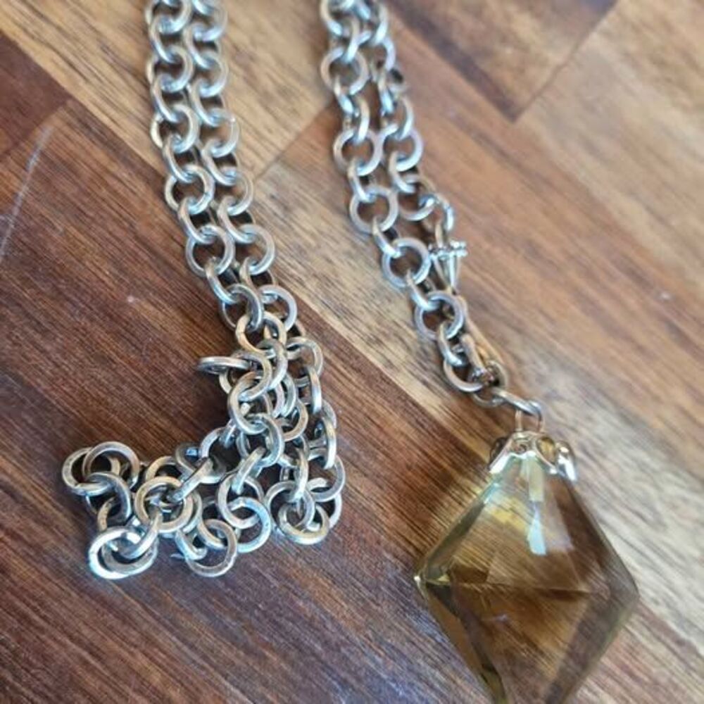 Vintage Style Smoky Amber Glass Pendant Necklace Antique Gold Tone 30"